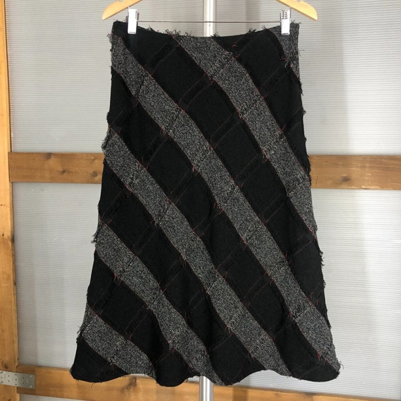 Denver Hayes Diagonal Stripe Patchwork Fringe Midi Dress Black Grey Red Sz 8 - Picture 2 of 15